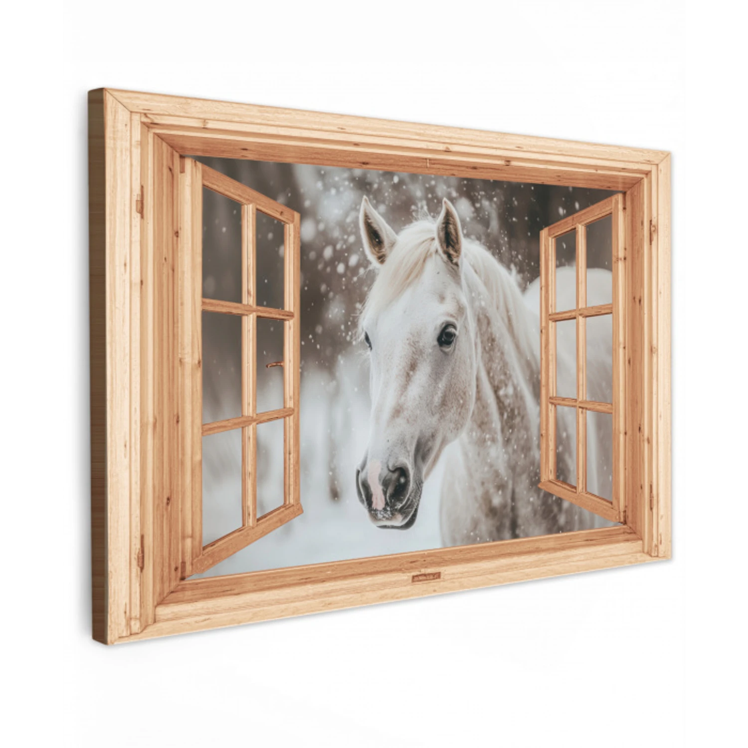 Doorkijk - Paard - Wit - Winter - Sneeuw - Dieren Tuinposter op houten frame 2 cm dik klein -3d
