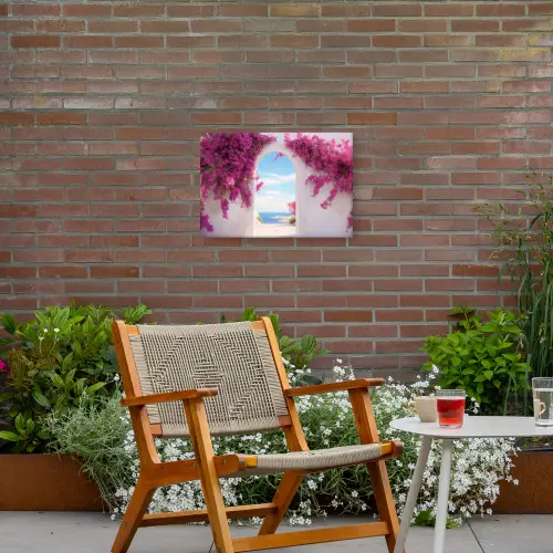 Zee - Roze - Bloemen - Poort Tuinposter op houten frame 2 cm dik klein -sfeer3