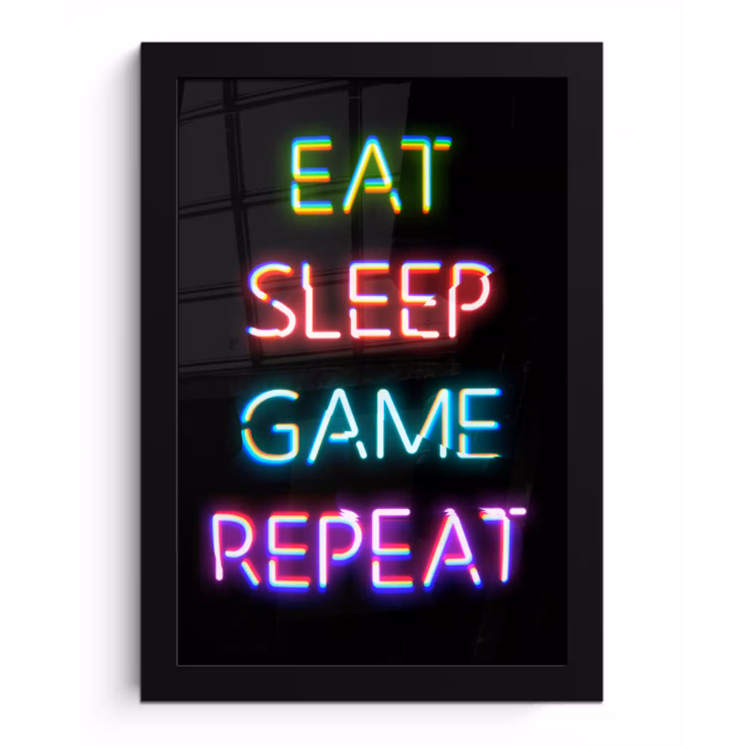 Gaming - Led - Quote - Eat sleep game repeat - Gamen fotolijst zwart zonder passe partout klein -3d