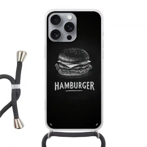 Hamburger - Krijttekst - Zwart - Wit Hoesje iPhone 16 Pro Max met koord klein -3d