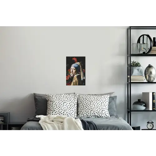 Meisje met de parel - Johannes Vermeer - Bloemen - Rood Muursticker klein -slaapkamer