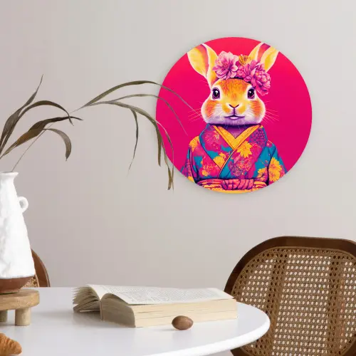 Konijn - Bloemen - Kleurrijk - Kimono Wandcirkel plexiglas klein -sfeer4