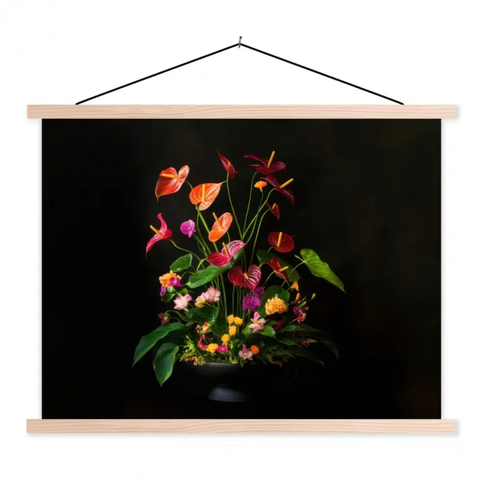 Bloemen - Vaas - Kleurrijk textielposter latten blank klein -3d