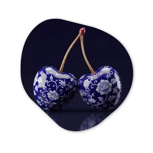Porselein- Kersen - Delfts - Blauw Wandcirkel Organisch Aluminium middel -3d