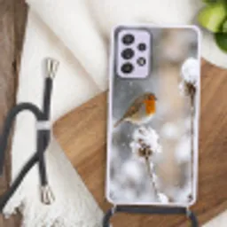 Roodborstje - Gedroogde bloem - Sneeuw - Winter - Vertederend Hoesje Samsung Galaxy A52 5G met koord klein -sfeer4