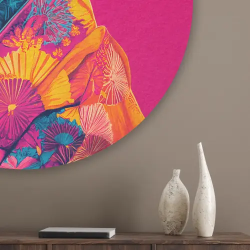 Kameel - Bloemen - Kimono - Waaiers Akoestische PET Vilt - Rond klein -sfeer5_closeup