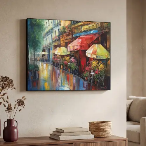 Straat - Olieverf - Kleurrijk - Stad Textielframe zwart klein -sfeer3