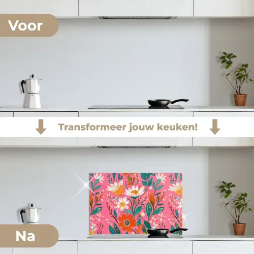 Roze - Bloemen - Wit - Oranje keuken achterwand spatscherm klein -voor_na_NL