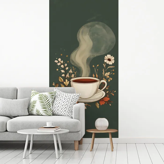 Kop - Bloemen - Groen - Koffie fotobehang vinyl groot -woonkamer