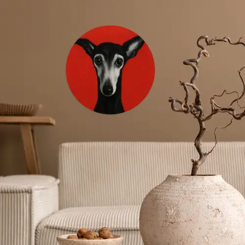 Windhond - Minimalistisch - Rood Wandcirkel behangsticker klein -sfeer1