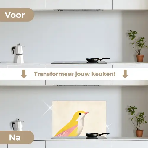 Vogel - Minimalistisch - Geel keuken achterwand spatscherm klein -voor_na_NL