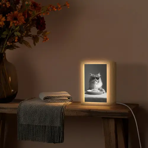 Langharige kat - Zonnebril - Spaghetti - Humor - Zwart - wit Light Box met kabel (Tafellamp) klein -sfeer4