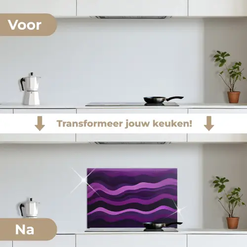 Lijnen - Golven - Paars - Abstract keuken achterwand spatscherm klein -voor_na_NL