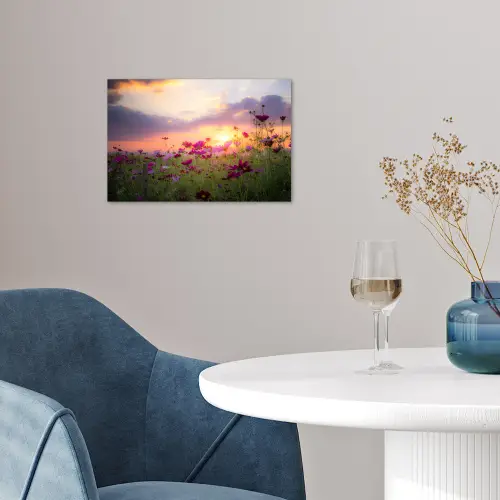 Bloemen - Roze - Zonsondergang - Natuur - Weide - Horizon poster papier klein -sfeer3