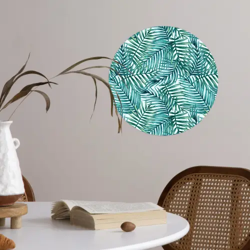 Palmbladeren - Sierlijk - Blauw - Groen Wandcirkel behangsticker klein 186 -sfeer3