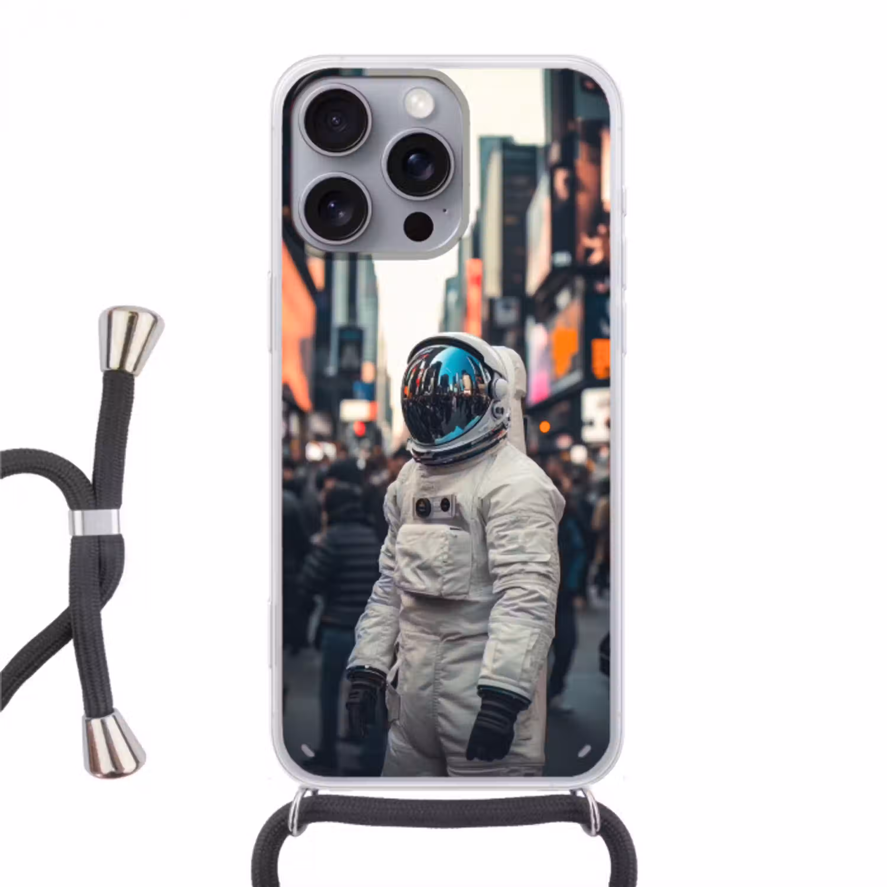Stad - Mensen - Astronaut - Wit Hoesje iPhone 16 Pro Max met koord klein -3d