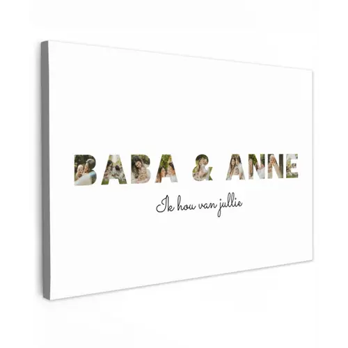 Baba & Anne - Lettercollage Tuinposter op houten frame 2 cm dik klein -3d