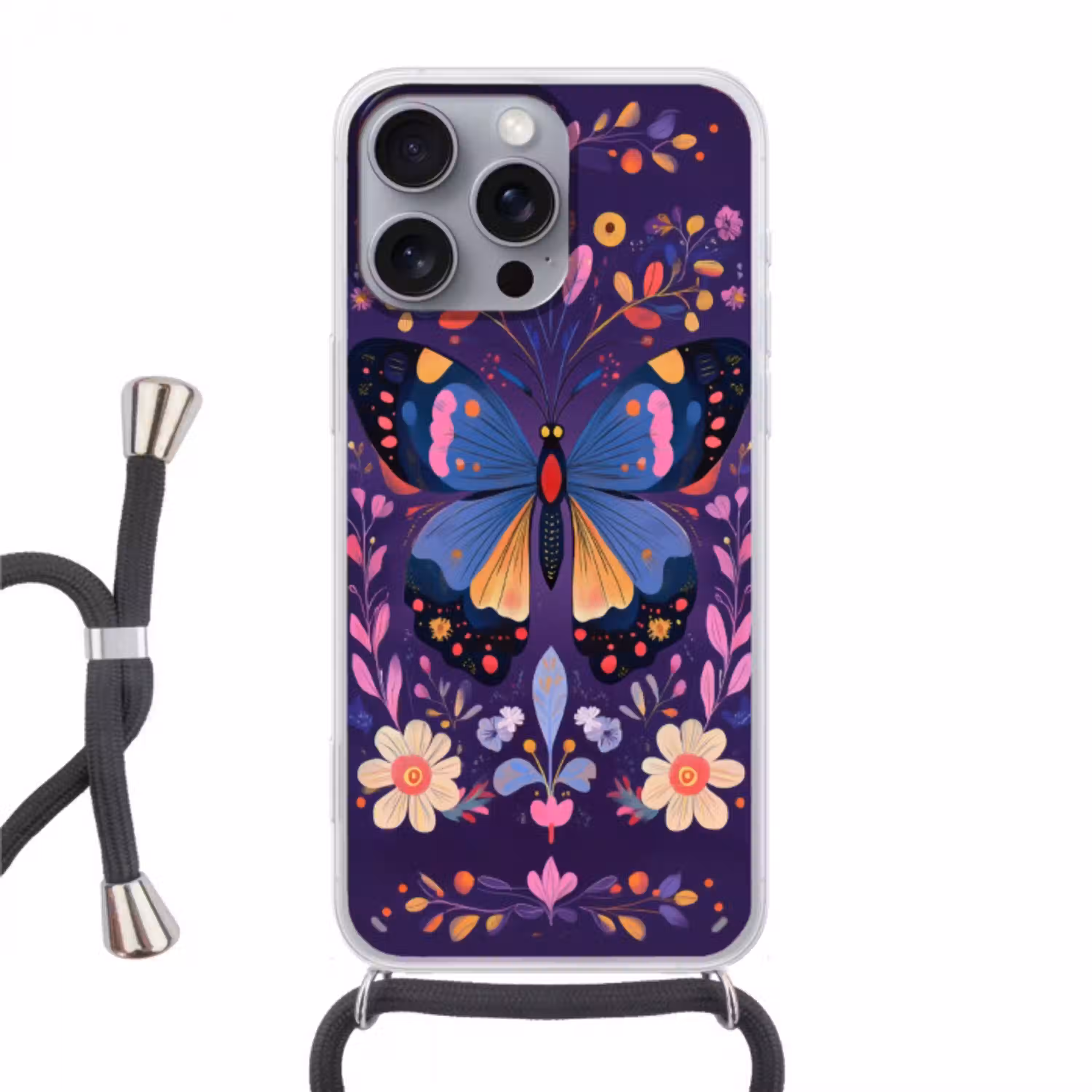 Sierlijk - Bloemen - Vlinder - Paars Hoesje iPhone 16 Pro Max met koord klein -3d