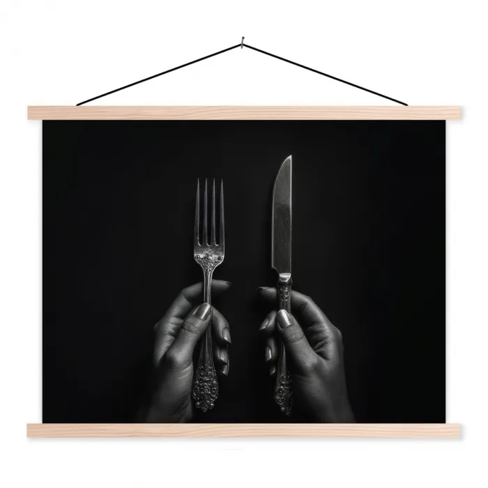 Bestek - Zwart - Wit textielposter latten blank klein -3d