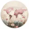 Wereldkaart - Roze - Bloemen Wandcirkel kunststof plaat 5mm dik klein -3d