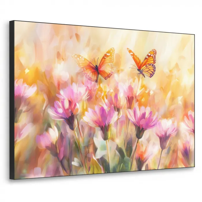 Vlinders - Oranje - Bloemen Textielframe zwart klein -3d