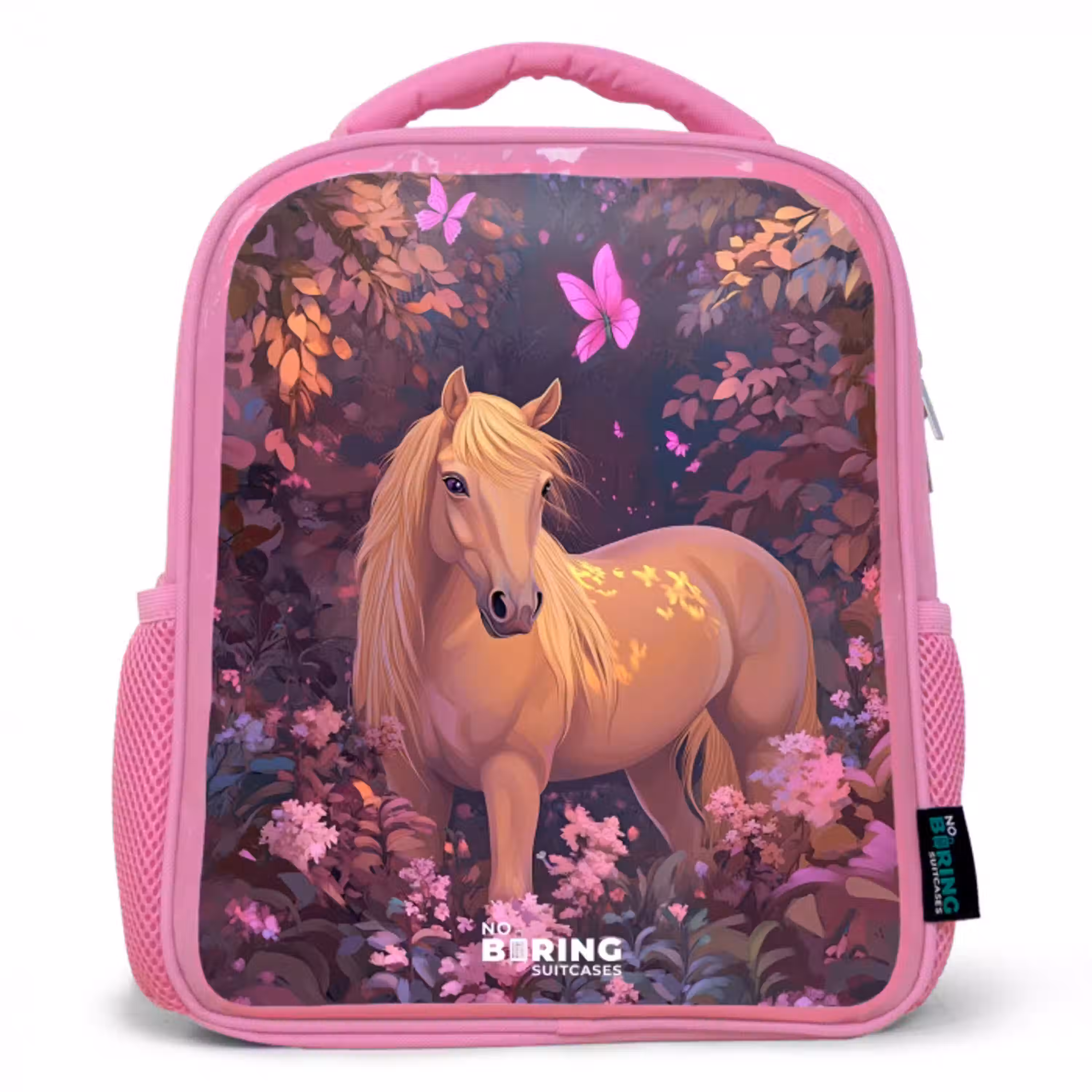 Paard - Bloemen - Paars - Vlinder Kinderrugzak - Roze middel -3d