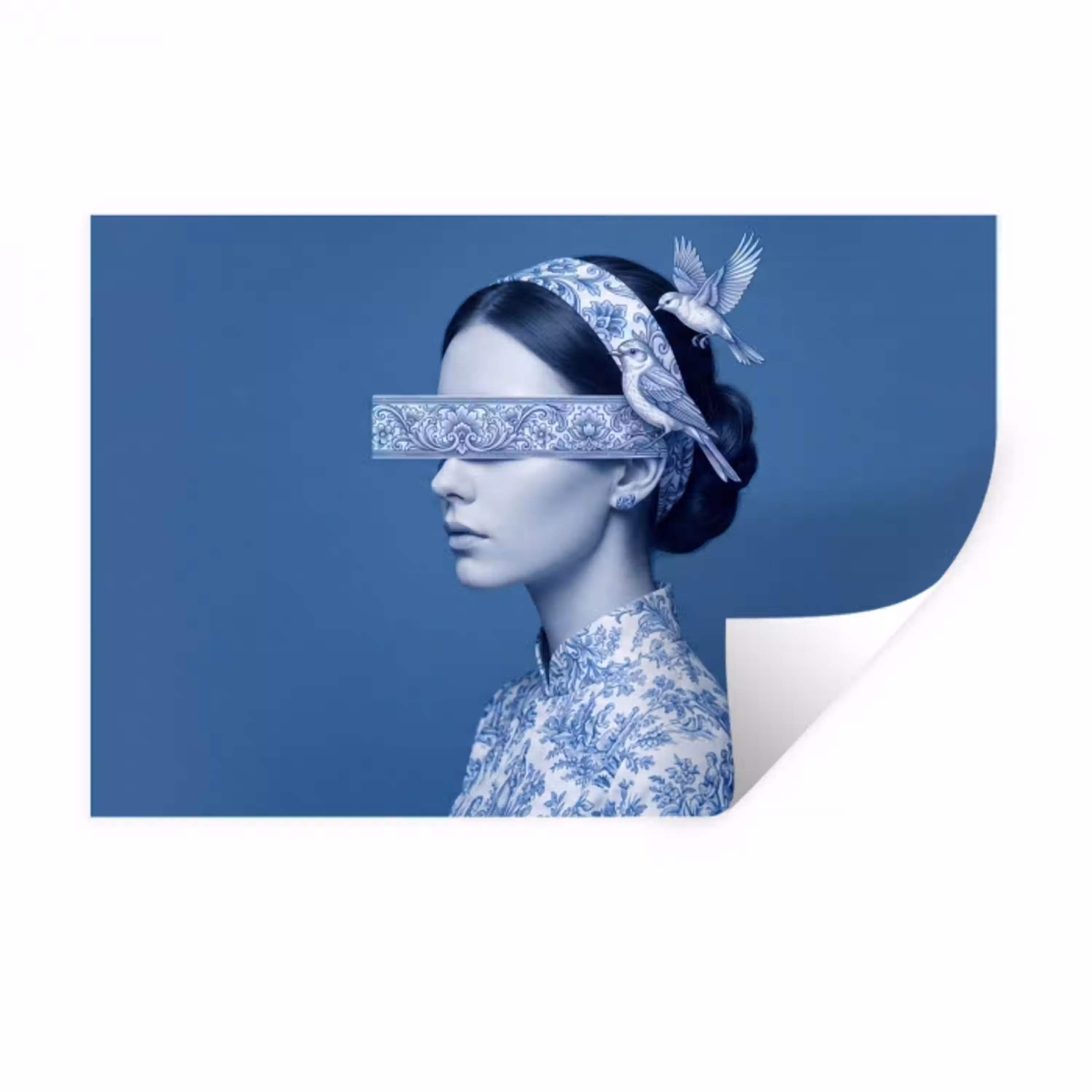 Portret - Klassiek - Wit - Blauw Muursticker klein -3d
