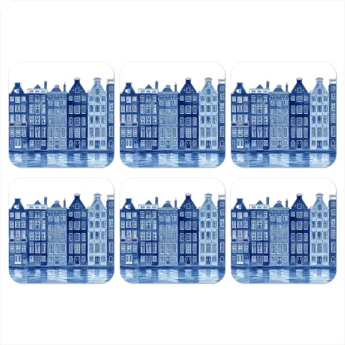 Aquarel - Grachtenpanden - Delfts - Blauw onderzetter kurk middel -3d