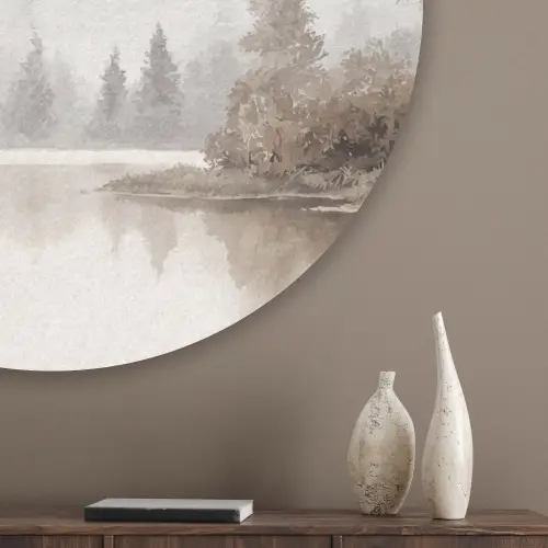 Rivierlandschap - Minimalistisch - Aardetinten Akoestische PET Vilt - Rond klein -sfeer5_closeup