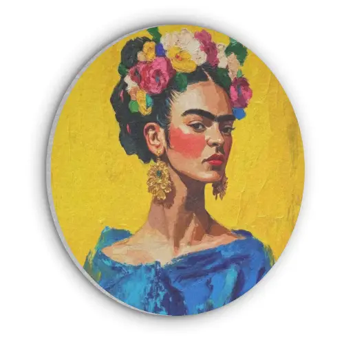 Frida Kahlo - Vrouw - Geel - Blauw - Bloemen Akoestische PET Vilt - Rond klein -3d