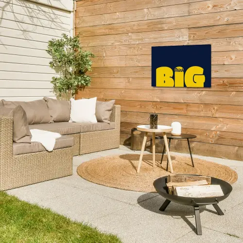 Think big - Blauw - Geel Tuinposter op houten frame 2 cm dik klein -sfeer2