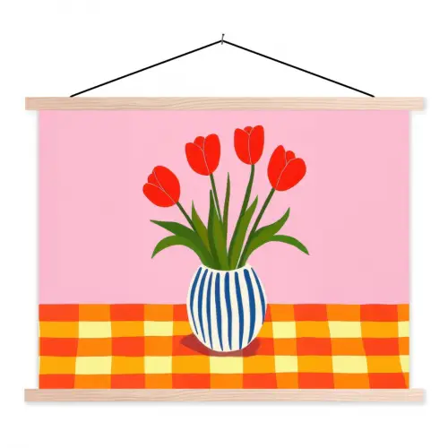 Tulpen - Roze - Vaas textielposter latten blank klein -3d