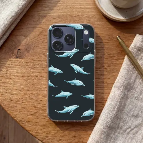 Dolfijnen - Patroon - Blauw - Grijs Telefoonhoesje iPhone 17 Pro klein -sfeer1