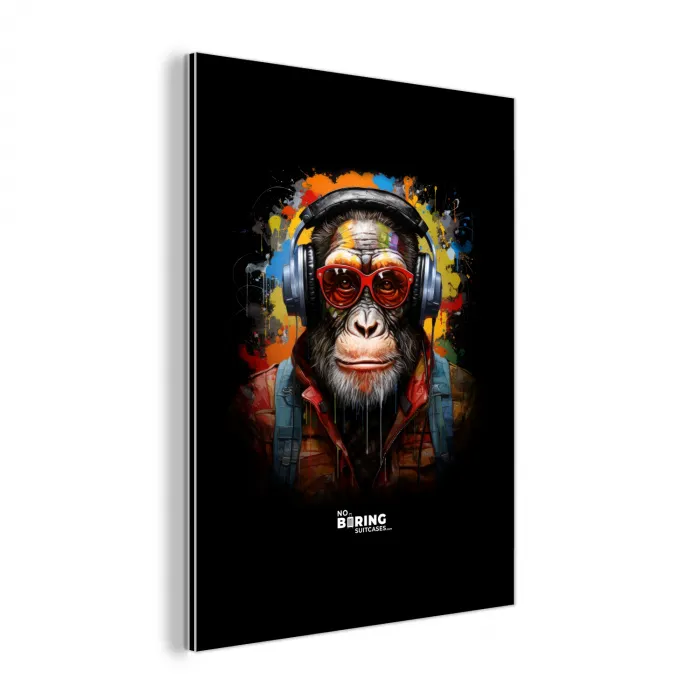 Chimpansee met koptelefoon en graffiti-spray aluminium wit klein -3d