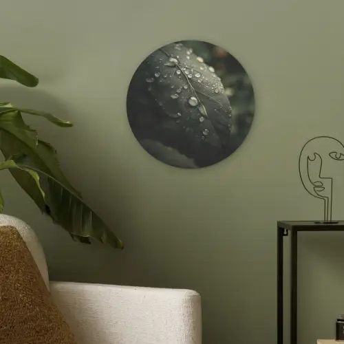 Blad - Groen - Nerven - Regendruppels Akoestische PET Vilt - Rond klein -sfeer2