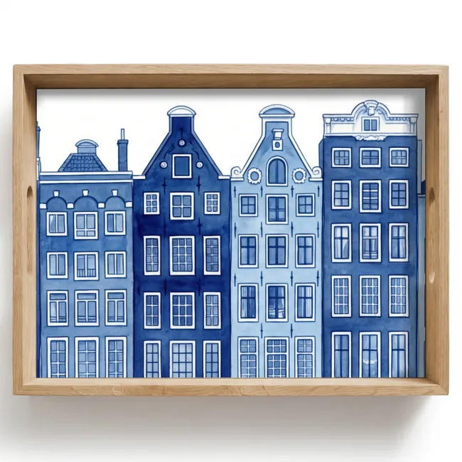Dienblad - Aquarel - Grachtenpanden - Delfts - Blauw