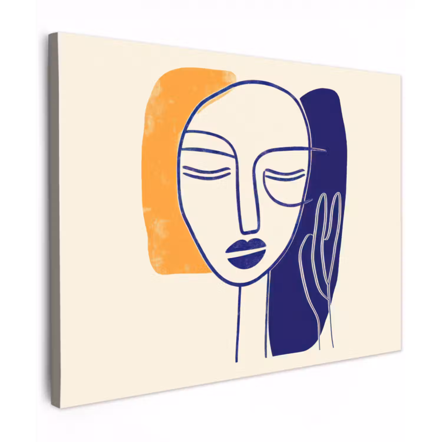 Leinwandbild - Minimalistisch - Gesicht - Hand - Orange - Blau
