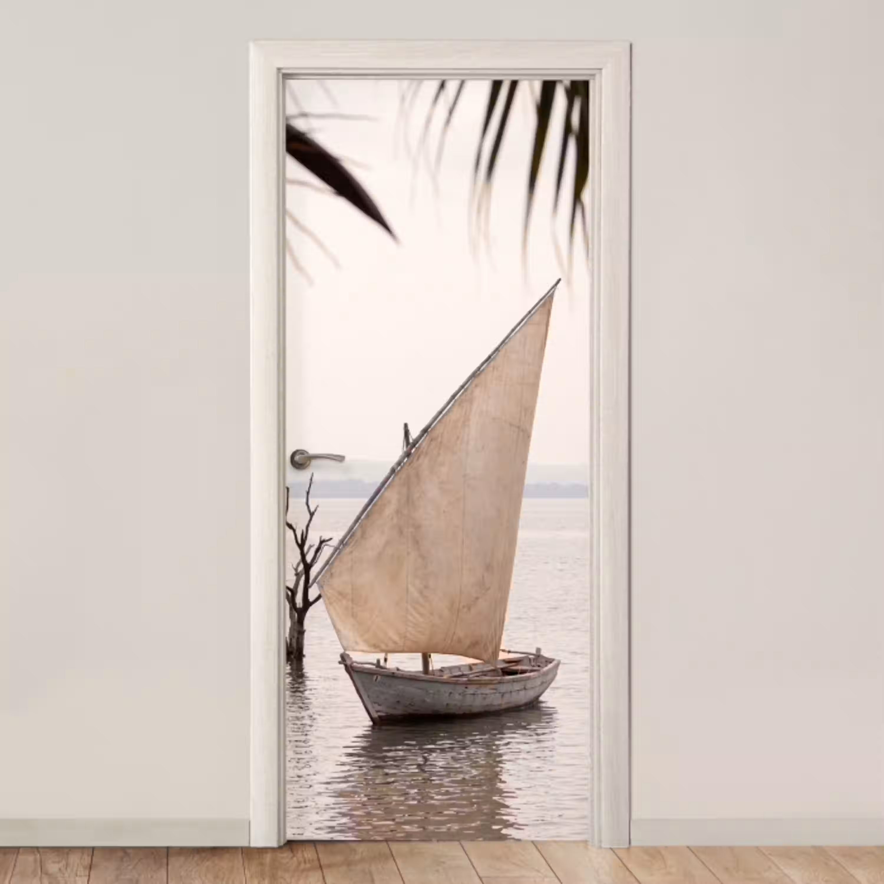 Boot - Zeil - Water - Tropisch - Natuur deurposter klein -3d_beige