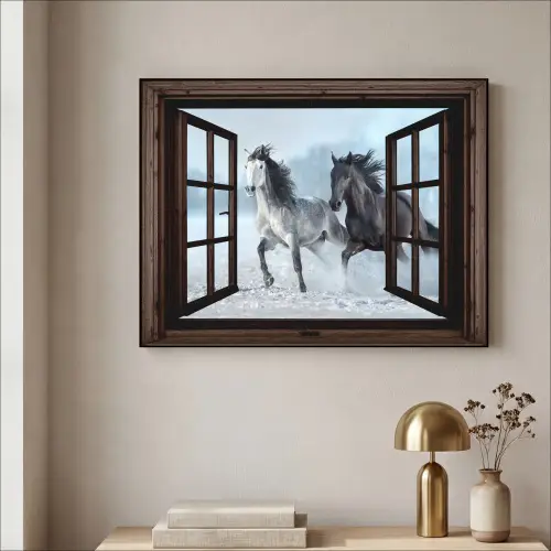 Paarden - Winter - Dieren - Natuur - Doorkijk Textielframe zwart klein -sfeer2