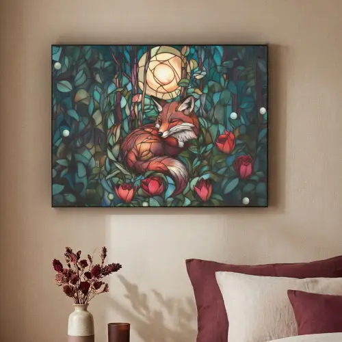 Vos - Mozaïek - Bos - Maan Textielframe zwart klein -sfeer1