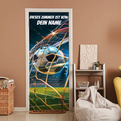 Fußball im Tornetz mit Namensfeld. deurposter klein -sfeer1