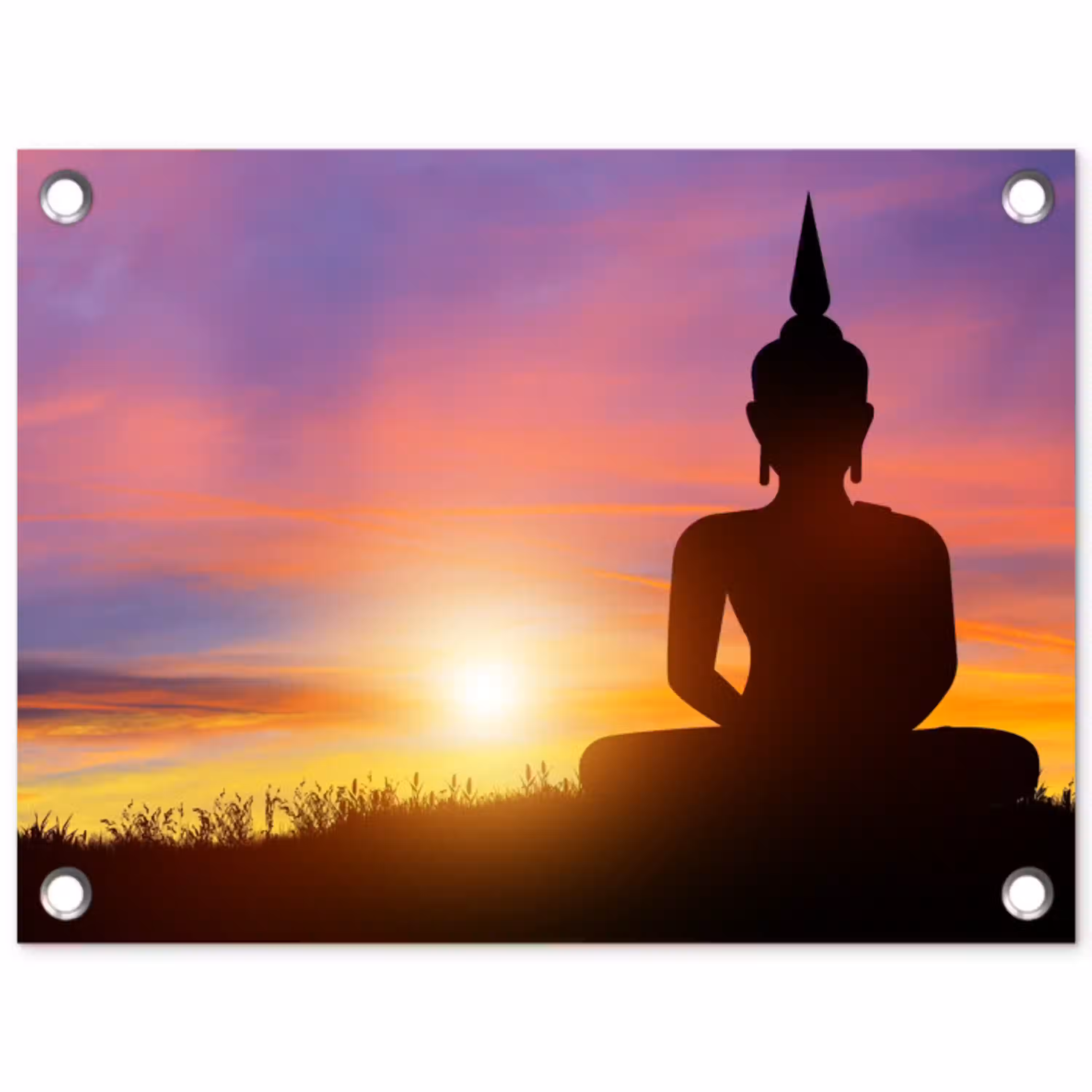 Zonsondergang - Horizon - Boeddha beeld - Buddha -  Silhouette tuinposter los doek klein -3d