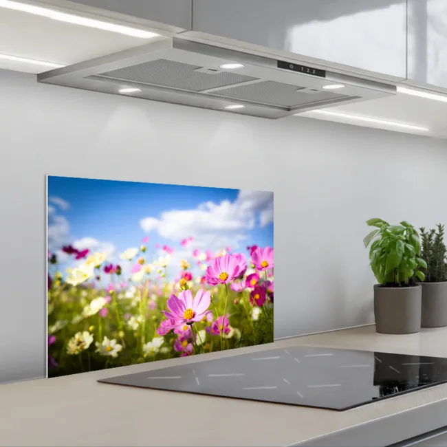 Bloemen - Wei - Paars - Gras - Wit - Wolken - Blauw keuken achterwand spatscherm klein -3d_schuin