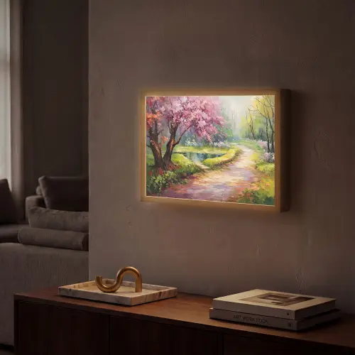Watercolor - Natuur - Bomen - Kunst - Bloemen Light Box met batterij (Wandlamp) middel -sfeer1