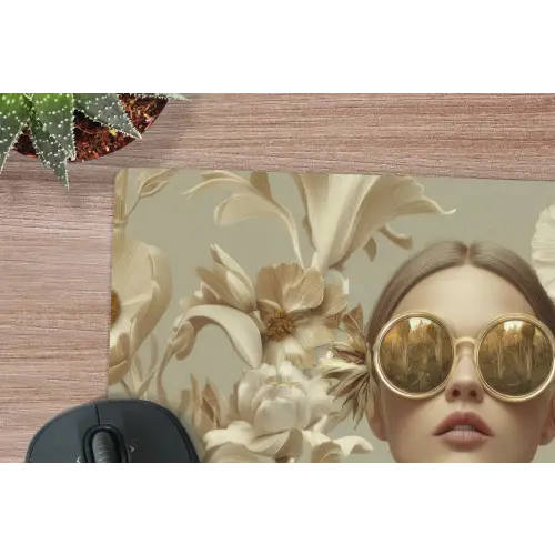 Vrouw - Bloemen - Zonnebril - Wit muismat rubber klein -closeup