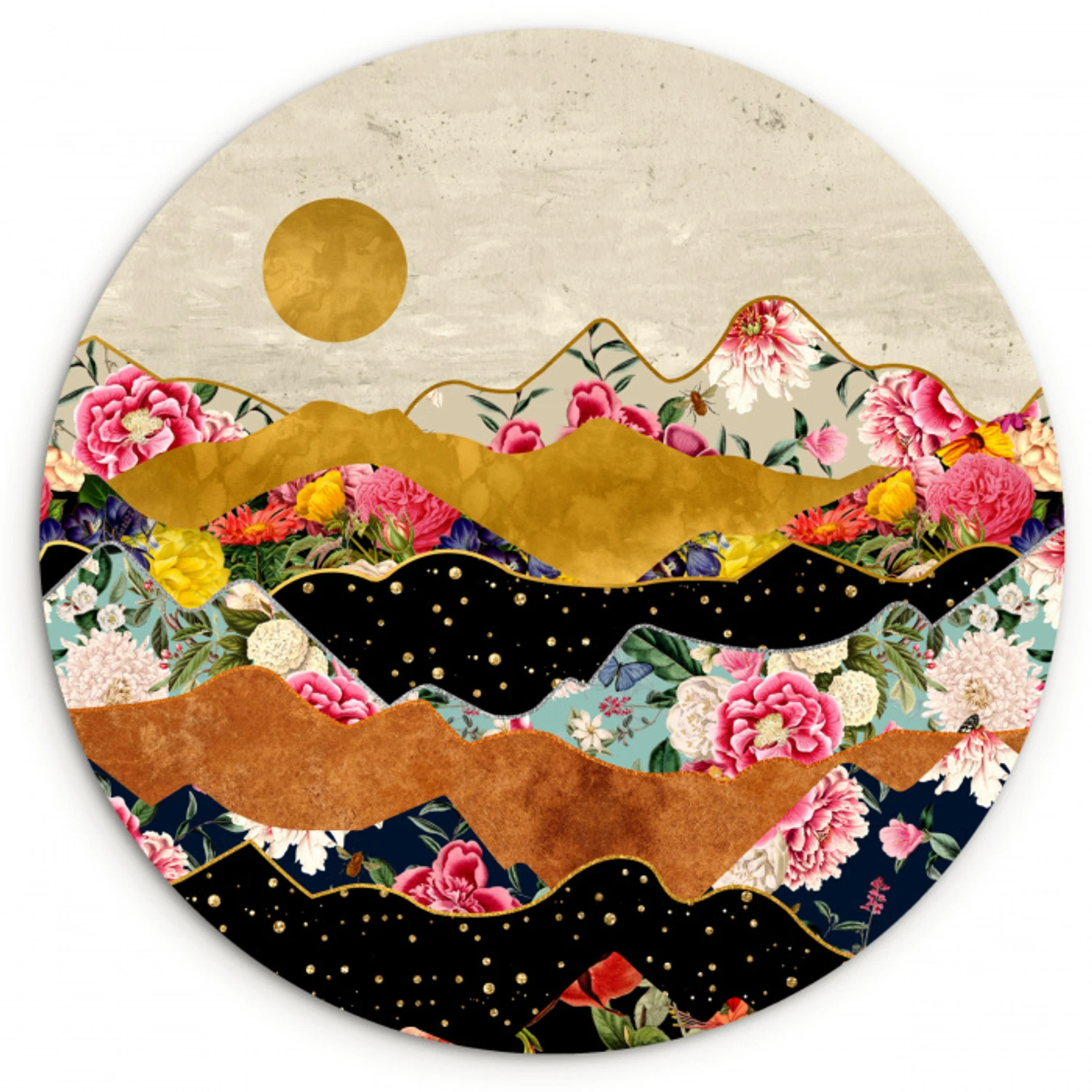 Goud - Bloemen - Print - Abstract - Landschap - Patronen Wandcirkel kunststof plaat 5mm dik klein -3d