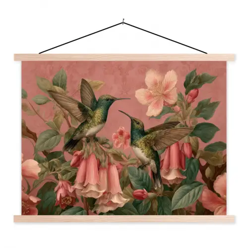 Kolibries - Bloemen - Groen - Roze textielposter latten blank klein -3d