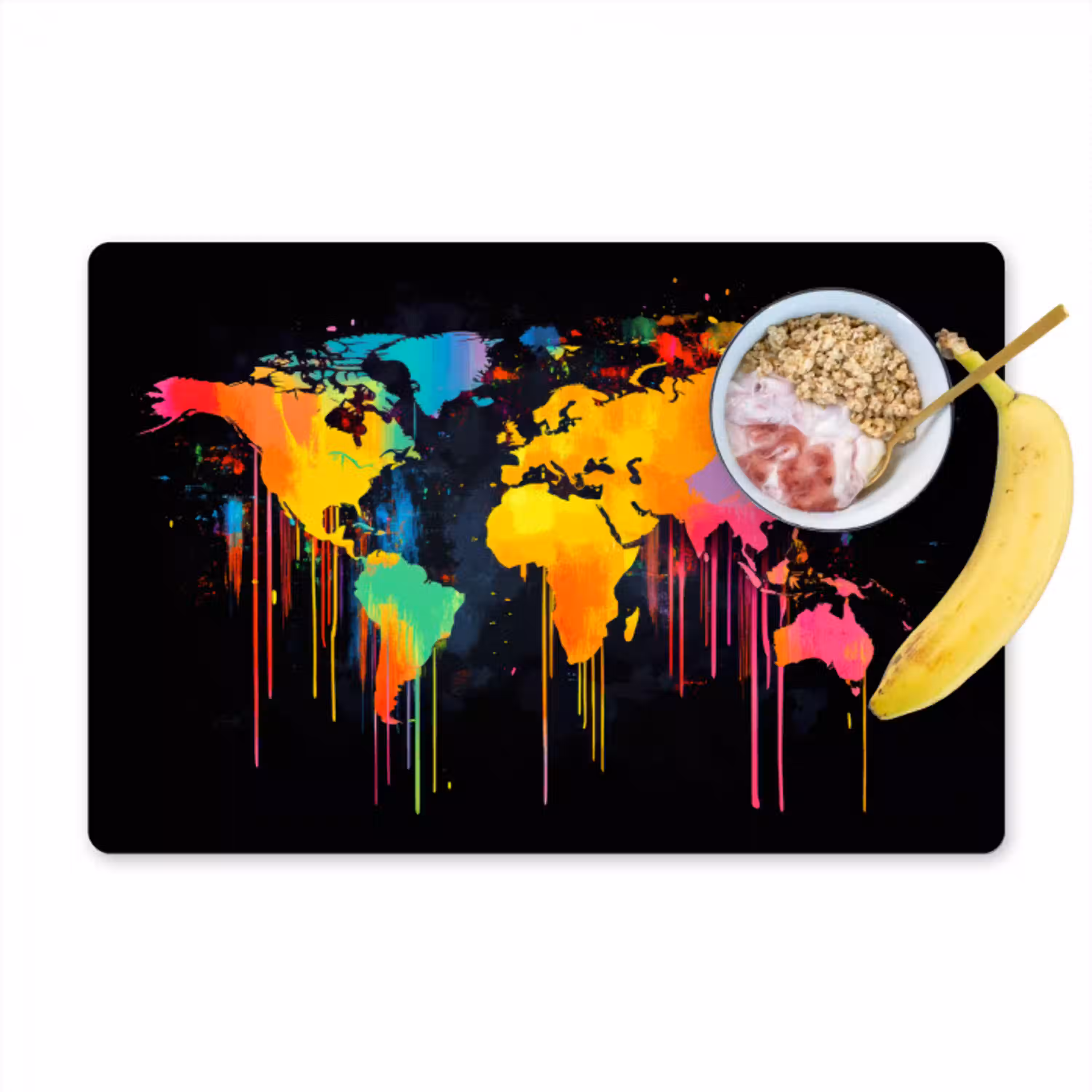 Wereldkaart - Verf - Kleurrijk - Graffiti - Wereld Placemat vinyl groot -zzzproduct_Kitchenyeah-website
