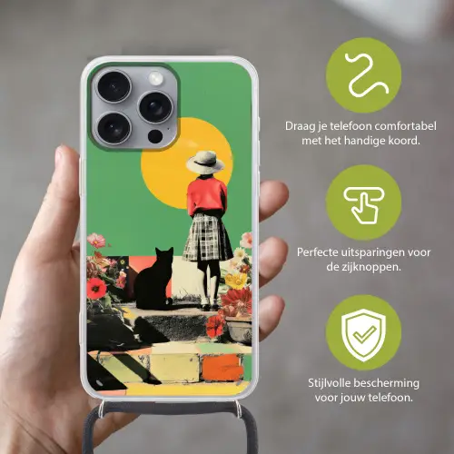 Retro - Meisje - Kat - Zon Hoesje iPhone 16 Pro Max met koord klein -sfeer2_NL
