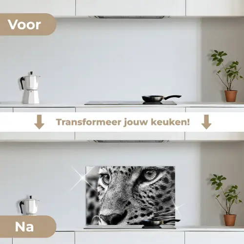 Luipaard - Zwart - Wit - Oog keuken achterwand spatscherm klein -voor_na_NL